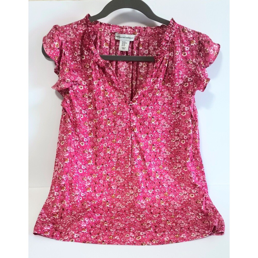 cupcakes and cashmere Pink Floral Ruffle Sleeve V Neck Blouse Women's Small